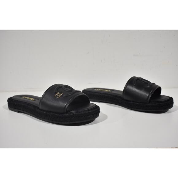 Chanel 23C Black Lambskin Leather CC Logo Slide Sandal Slip Espadrille Flat 37 - Picture 3 of 12